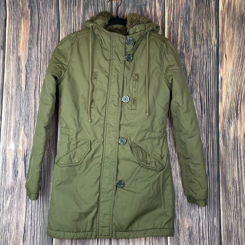 American Eagle Outfitters Olive Green Hooded Parka W/ Faux Fur- Size XXS